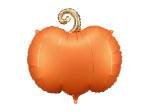 Fóliový balonek oranžová dýně se zlatou stopkou zavěšený v halloweenské výzdobě