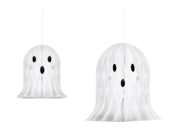Dva bílí papíroví duchové s růžovými tvářičkami a černými obličeji, závěsné dekorační ozdoby na Halloween
