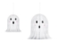 Dva bílí papíroví duchové s růžovými tvářičkami a černými obličeji, závěsné dekorační ozdoby na Halloween