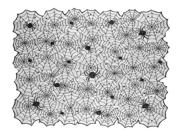 Černý ubrus s motivem pavučin a pavouků, ideální na Halloween – 135 × 180 cm