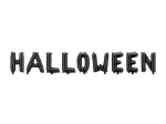 Fóliový nápis HALLOWEEN z černých balónků, velikost 230 × 35 cm, zavěšený na stuze