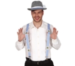 Kšandy s modro-bílým bavorským vzorem a potiskem lva, ideální doplněk na Oktoberfest