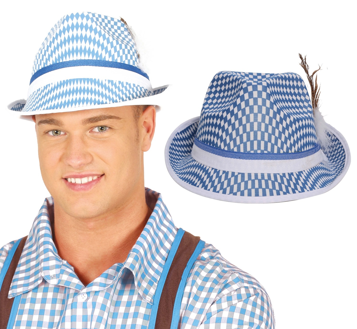 Oktoberfest klobouk modro-bílý s peřím – filcový