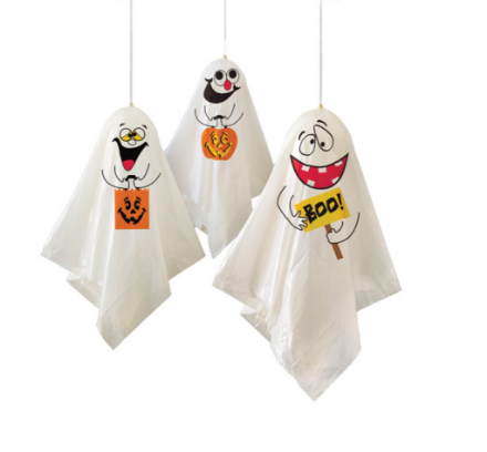 Závěsné halloweenské dekorace duchů v bílé barvě se zábavným potiskem, sada 3 ks