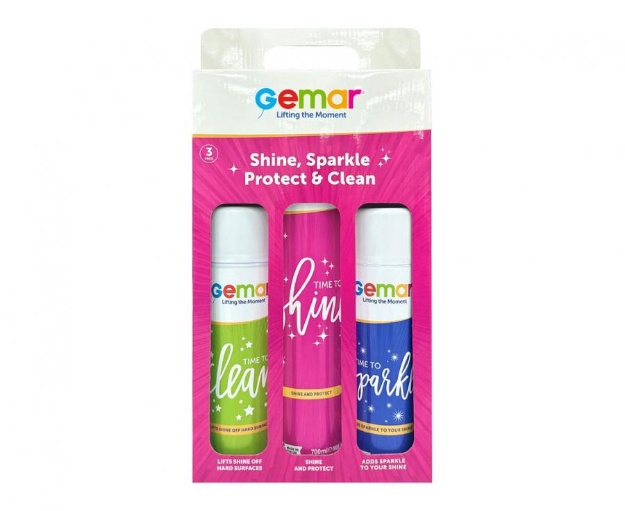Sada tří sprejů Gemar Time to Shine, Sparkle & Clean pro čištění, ochranu, lesk a třpyt balónků a dekorací.