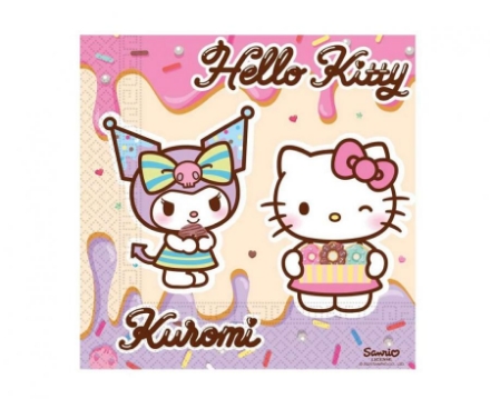 Barevné papírové ubrousky s motivem Hello Kitty a Kuromi, 33 x 33 cm, balení 20 ks.
