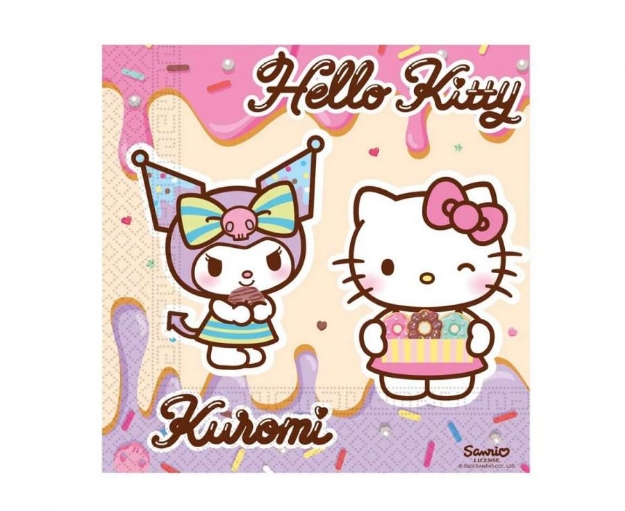 Barevné papírové ubrousky s motivem Hello Kitty a Kuromi, 33 x 33 cm, balení 20 ks.