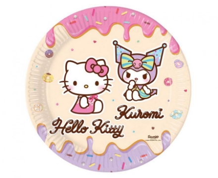 Barevný kulatý papírový talíř s motivem Hello Kitty a Kuromi, průměr 23 cm, balení 8 ks.