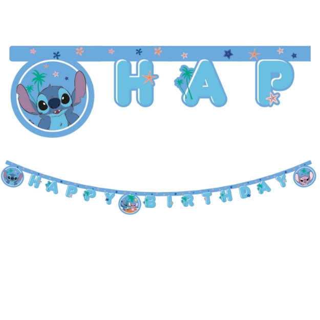 Papírový narozeninový banner Stitch & Angel Disney s modrým nápisem Happy Birthday a obrázky postaviček