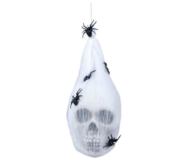 Pavučinový kokon s lebkou a černými pavouky 25 cm – Halloween dekorace