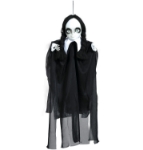Visící dívka s copánky 70 cm připomínající Wednesday Addamsovou – halloweenská dekorace