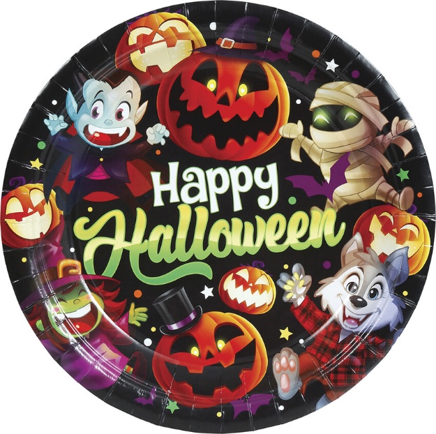 Papírové talíře Happy Halloween s barevným potiskem strašidel a dýní, 23 cm, balení 6 ks