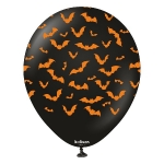 Černé latexové balonky Kalisan s oranžovým potiskem netopýrů – Halloween, 30 cm, 25 ks