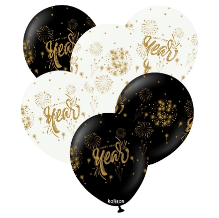 Latexové balonky Kalisan Happy New Year s potiskem zlatých ohňostrojů a nápisem Happy New Year, černé a bílé, 30 cm, balení 25 ks
