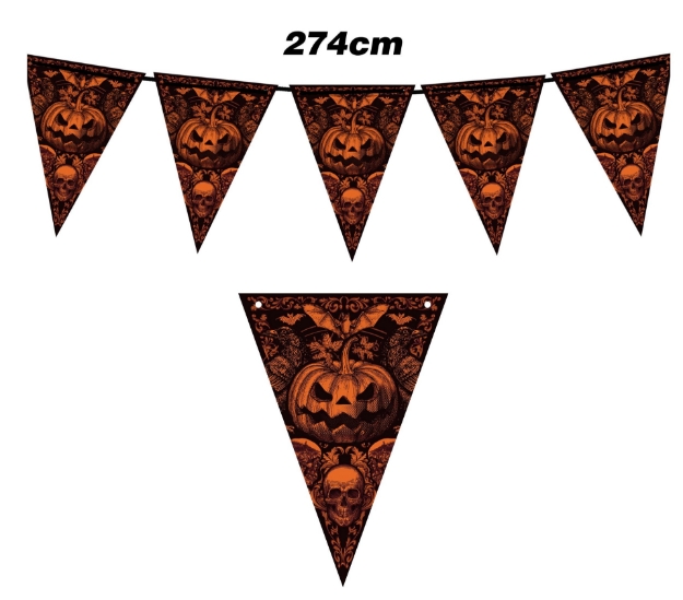 Vlaječková girlanda Gothic Pumpkin 274 cm s motivem dýní a lebek – Halloween dekorace