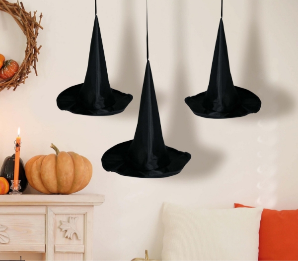 Dekorace visící čarodějnické klobouky – 3 ks, 18 cm, černé