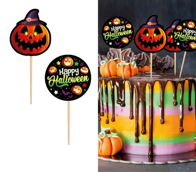 Sada 12 papírových zápichů Happy Halloween o průměru 6 cm – halloweenská dekorace na dort a muffiny