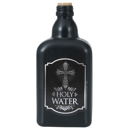 Dekorační láhev Svatá voda, černá s etiketou a křížem, 19 cm