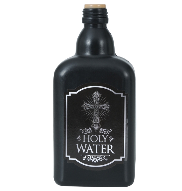 Dekorační láhev Svatá voda, černá s etiketou a křížem, 19 cm