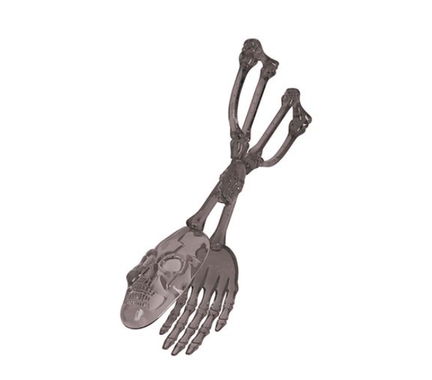 Halloweenské kleště na salát ve tvaru kostlivcových rukou a lebky, šedé, 28 cm