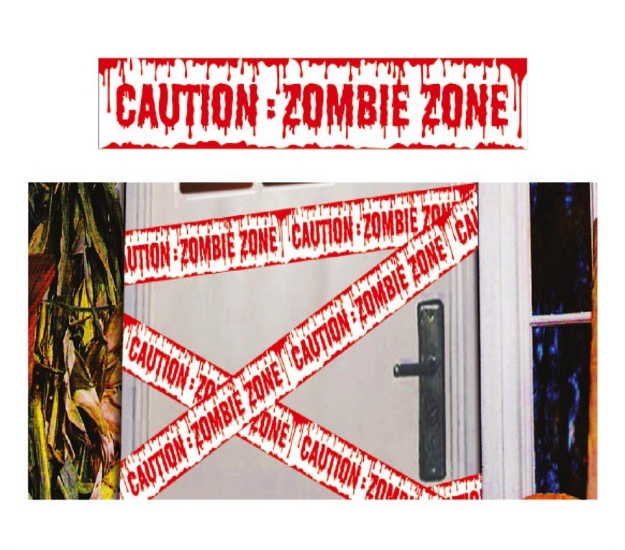 Výstražná páska Caution: Zombie Zone 6 m pro halloweenskou výzdobu.