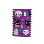 Papírový lampion Halloween fialový ve tvaru válce s motivy duchů, kočky a lebek, s držáčkem na svíčku nebo LED světélko, 16 x 22 cm