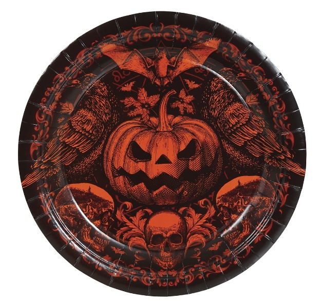 Papírové talířky Gothic Pumpkin s gotickým designem dýně, netopýra a lebek, průměr 23 cm, balení 6 ks