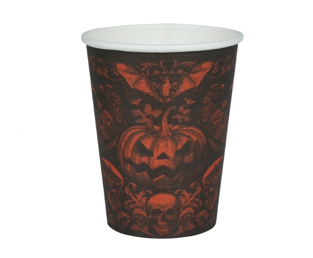 Papírové kelímky Gothic Pumpkin s gotickým motivem dýně, netopýra a lebek, objem 240 ml, balení 6 ks