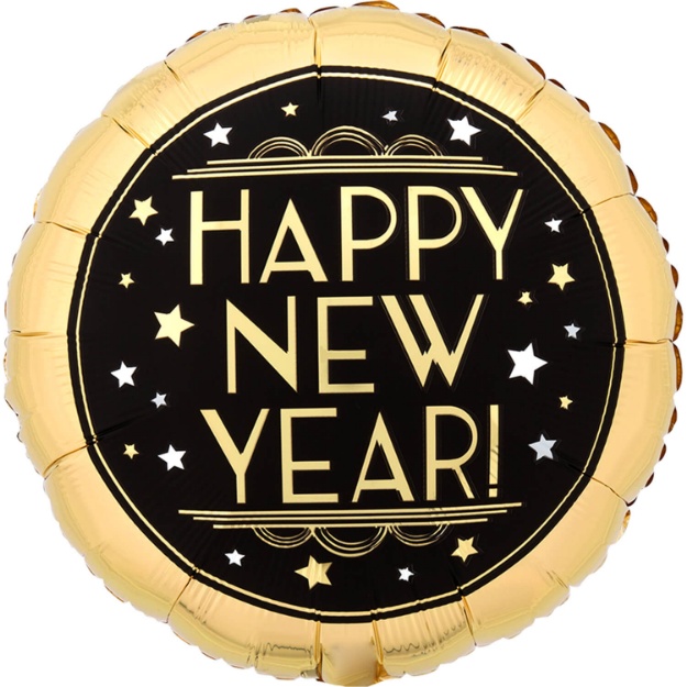 Fóliový balonek Happy New Year černo-zlatý kulatý 43 cm