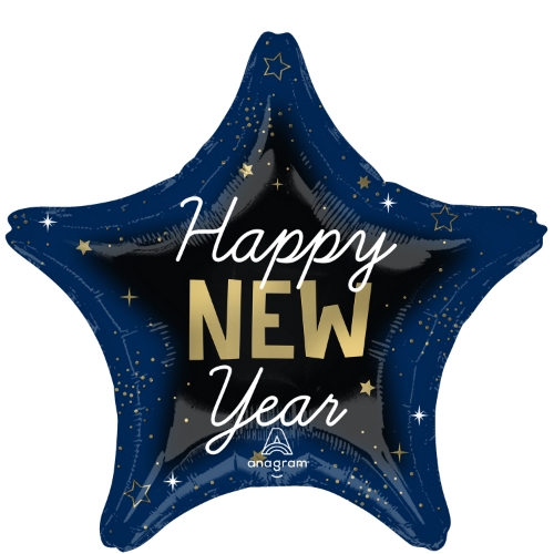 Levně Fóliový balonek hvězda Happy New Year černo-modrý 43 cm