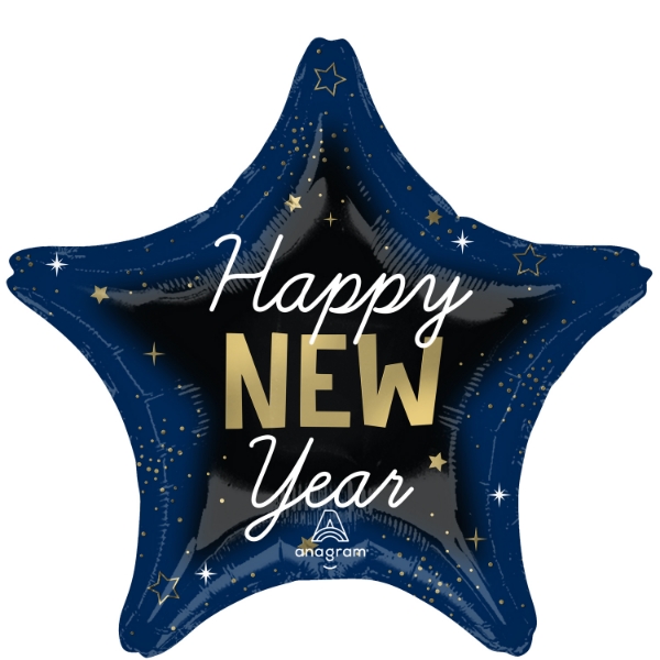 Fóliový balonek hvězda Happy New Year černo-modrý 43 cm