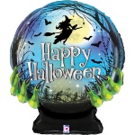 Fóliový balonek Happy Halloween koule s čarodějnicí a netopýry, 69 cm