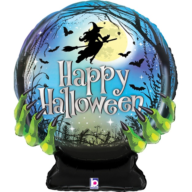 Fóliový balonek Happy Halloween koule s čarodějnicí a netopýry, 69 cm