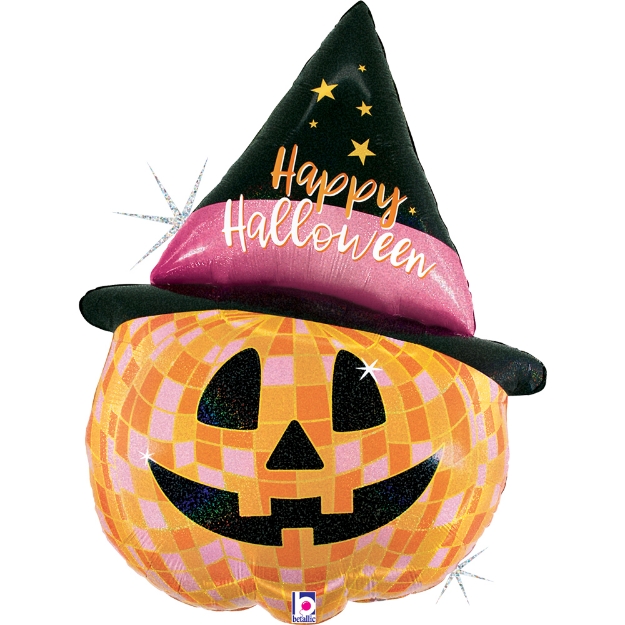 Fóliový balonek Disco Halloween dýně s holografickým efektem a kloboukem, 84 cm