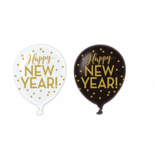Levně Balonky latexové Happy New Year černé a bílé 27,5 cm, 6 ks