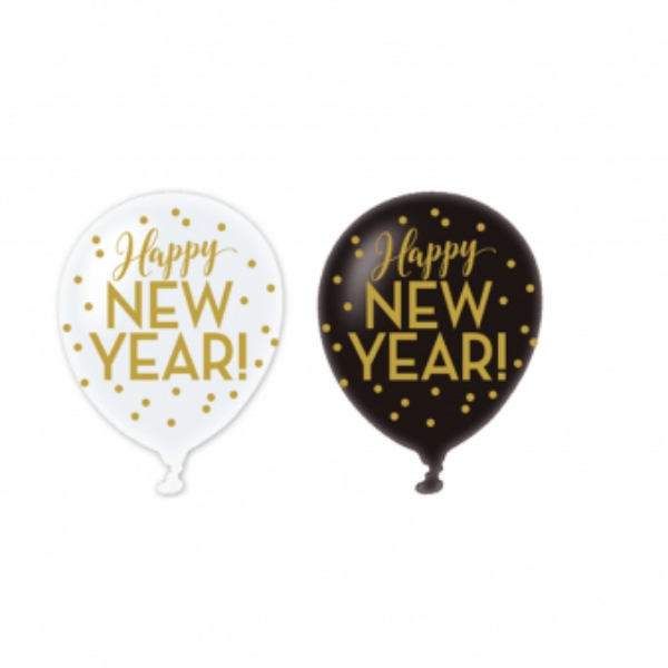 Balonky latexové Happy New Year černé a bílé 27,5 cm, 6 ks