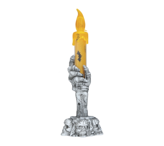 Svícen ve tvaru kostlivé ruky s LED svíčkou, 15 cm, šedo-oranžová barva.