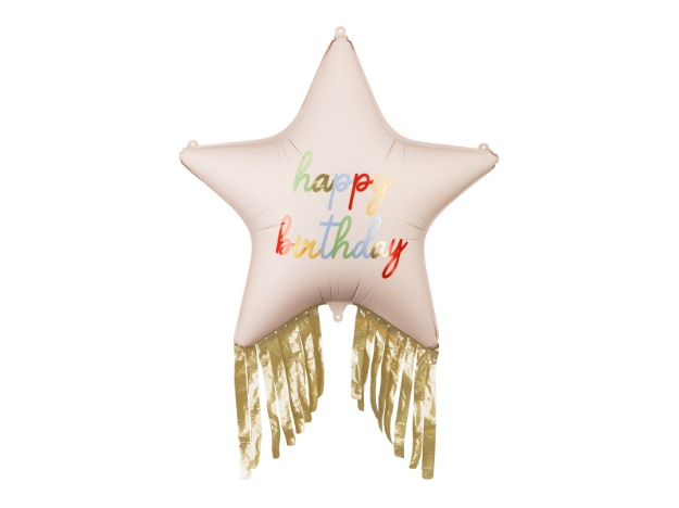 Fóliový balonek hvězda Happy Birthday se zlatými střapci 72 cm