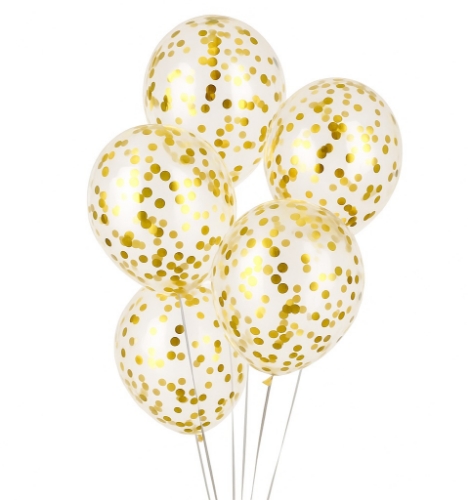 Průhledné balónky se zlatými konfetami 30 cm – 5 ks