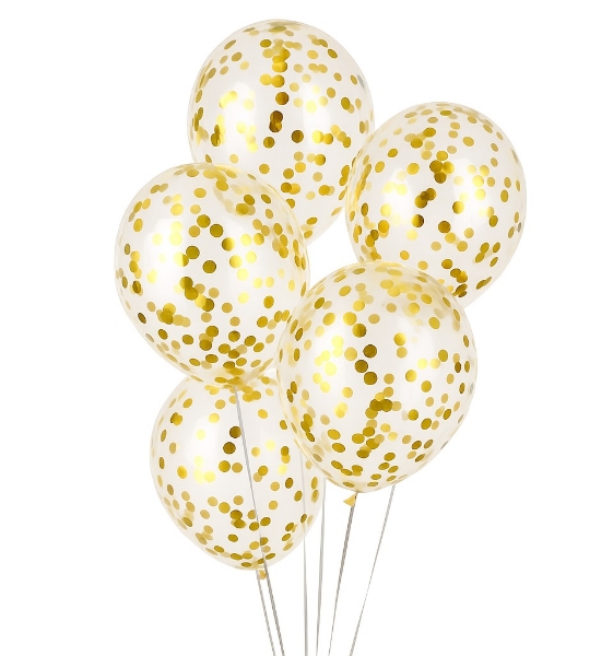 Průhledné balónky se zlatými konfetami 30 cm – 5 ks