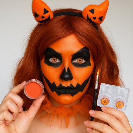 Zoelibat Pumpkin Set – oranžový a černý make-up, štěteček a kontaktní čočky s motivem dýně