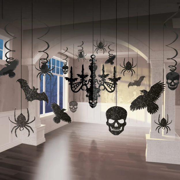 Dekorační halloweenská sada 17 kusů s motivy lebek, pavouků, netopýrů a havranů, černá třpytivá barva