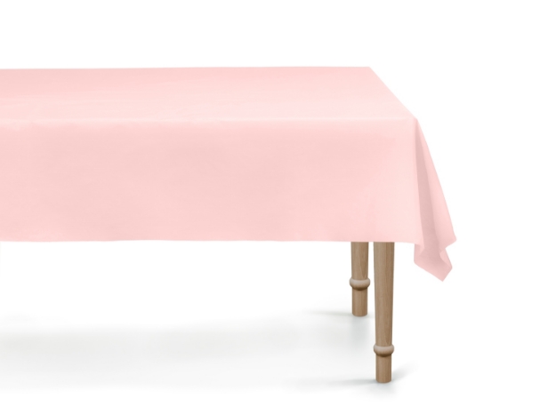 Světle růžový ubrus 137 × 183 cm z PP materiálu, omyvatelný a opakovaně použitelný, ideální na svatby, oslavy a party.