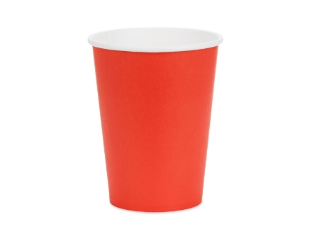 Papírové kelímky červené, 250 ml, výška 9 cm, balení 6 ks – jednorázové, určené na studené nápoje, splňují EU označení 2020/2151.