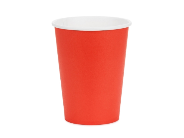 Papírové kelímky červené, 250 ml, výška 9 cm, balení 6 ks – jednorázové, určené na studené nápoje, splňují EU označení 2020/2151.