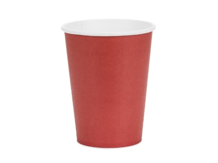 Papírové kelímky tmavě červené, 250 ml, výška 9 cm, balení 6 ks – jednorázové, na studené nápoje, splňují EU označení 2020/2151.