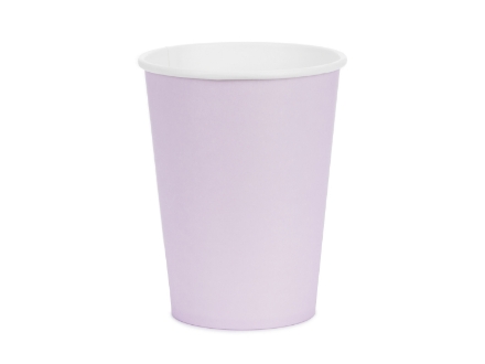 Papírové kelímky levandulové, 250 ml, výška 9 cm, balení 6 ks – jednorázové, na studené nápoje, splňují EU označení 2020/2151.