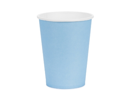 Papírové kelímky světle modré, 250 ml, výška 9 cm, balení 6 ks – jednorázové, určené na studené nápoje, splňují EU označení 2020/2151.