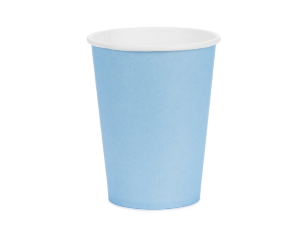 Papírové kelímky světle modré, 250 ml, výška 9 cm, balení 6 ks – jednorázové, určené na studené nápoje, splňují EU označení 2020/2151.