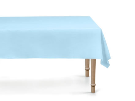 Světle modrý ubrus 137 × 183 cm z PP materiálu, opakovaně použitelný a omyvatelný, ideální na svatby, narozeniny i baby shower.